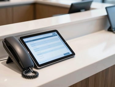 Close-up of a modern hotel reception desk with a telephone and tablet displaying reservation software, bright daylight, professional