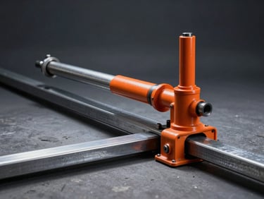 A heavy-duty orange hydraulic rebar bender shaping a thick steel bar on an outdoor marine construction site, dramatic shadows, cool steel tones, 50mm lens.