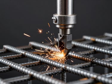 Close-up of a MATAKING hydraulic cutter jaw biting into a thick steel rebar cage, sparks flying, high-contrast key light, industrial textures, 50mm lens.