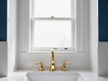 Sunlit luxury bathroom with polished brass fixtures, clean white subway tiles, and pristine glass, sharp architectural focus.