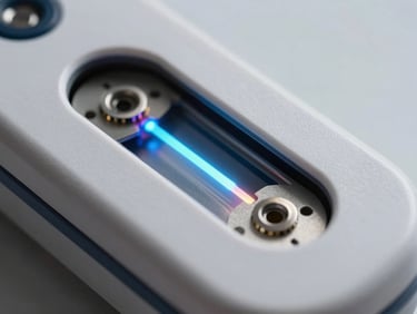 Macro detail of the portable PCR instrument optical deck with electric cyan fluorophore excitation pathway visible, high-contrast directional light