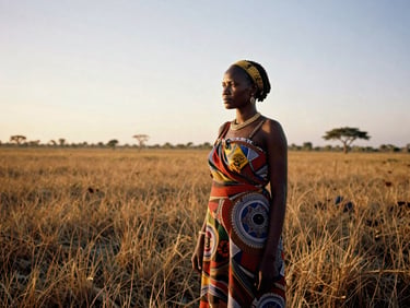 Wide environmental portrait of a South Sudanese woman leader standing in the Sudd wetlands at golden hour, looking confidently toward the horizon, warm natural sunlight, 35mm film, rich earth tones