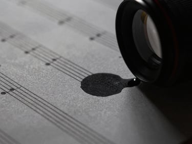 Macro shot of ink drying on textured music manuscript paper, dramatic side lighting, 35mm anamorphic lens.
