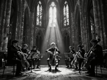 Wide shot of a string ensemble in a gothic cathedral, dramatic shafts of light, cinematic monochrome, 35mm anamorphic lens.