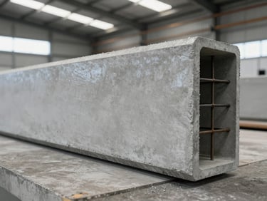 Close-up of a precast concrete beam being finished on a factory floor under industrial fluorescent lighting, smooth formed surface visible with chamfered edges, steel reinforcement cage partially visible at one end
