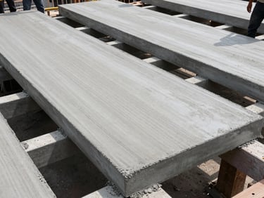 Overhead shot of precast concrete floor slabs being laid across structural beams on an active construction site, bright overcast daylight, workers visible at edges for scale, concrete surface texture sharp in frame
