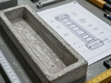 Close-up overhead of a precast concrete mold with a technical CAD drawing laid alongside it on a factory floor, natural industrial light, ruler and measuring tools visible at the edge