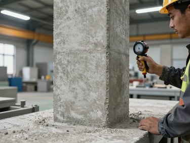 Factory floor with a freshly cast precast concrete column being inspected by a worker with a measuring instrument, industrial fluorescent lighting, concrete texture sharp in foreground