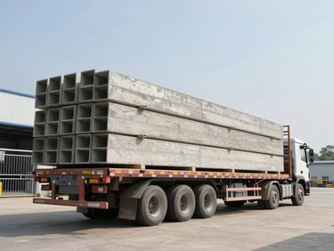 Wide shot of a flatbed truck loaded with stacked precast concrete beams leaving a factory yard, bright midday outdoor light, scale of the load clearly visible against the facility gate
