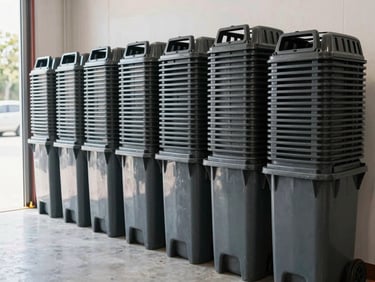 A stack of neatly sorted recycling bins in a clean garage, bright natural daylight, wide-angle lens, high-contrast tones.
