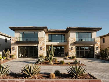 Wide shot of a premium residential property in a gated community in Los Cabos, Mexico, clear midday light, stone and glass facade, mature desert landscaping in the foreground, blue sky above, no people