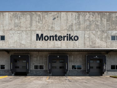 Frontal medium shot of a large industrial warehouse facade in a logistics park near Monterrey, Mexico, clear noon light, concrete tilt-up panels, loading dock doors visible at ground level, paved access apron in foreground, no vehicles or people