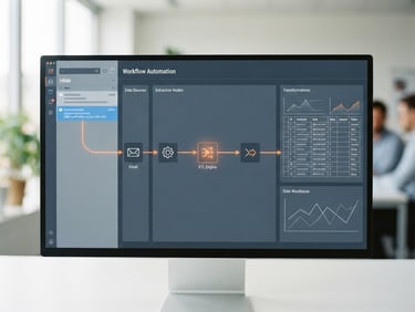 A clean software UI screenshot showing an automated data pipeline extracting order details from an email into a structured database, bright neutral office light, 35mm