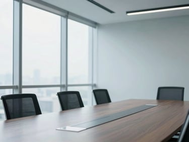 Bright editorial photo of a modern corporate office, executive meeting room with soft natural window light, slate tones.