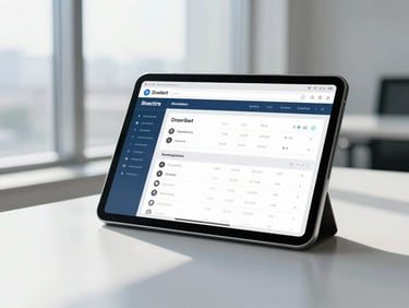 Modern tablet displaying clean data dashboards, bright natural high-key window light, soft shadows, clean corporate office setting.