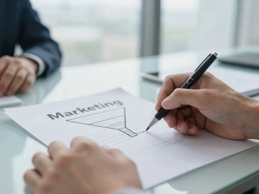 Close-up of hands sketching a marketing funnel on physical paper, professional setting, shallow depth of field.