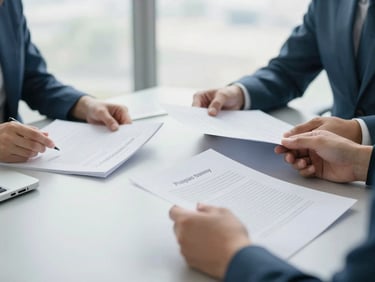 Hands reviewing physical corporate strategy documents on a clean slate-gray desk, shallow depth of field, natural lighting.