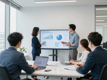 Modern office workspace with clean lines, professional team discussing data on a screen, bright high-key lighting.