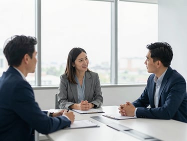 Candid interaction between professional advisors in a bright, modern architectural boardroom, soft natural light.