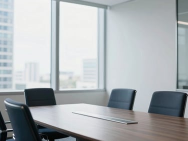 Bright natural high-key editorial photograph of a modern minimalist corporate boardroom in Miami, large clean windows with soft daylight, slate gray and navy accents, shallow depth of field.