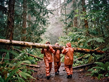 Volunteers in rain gear carrying a heavy fallen log off a wet forest trail, mist rising between tall evergreen trees, natural action shot.