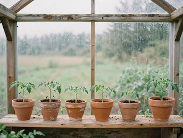 Interior of a rustic timber-frame greenhouse under soft daylight, young tomato starts in terracotta pots lined up on wooden benches.