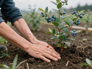 Hands of an elder and a child together patting dark soil around a newly planted blueberry bush, soft overcast PNW light, earthy textures.