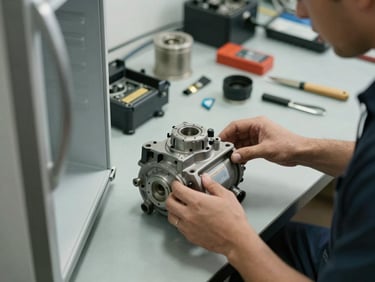 Technician's hands placing a genuine compressor part onto a workbench beside an open refrigerator panel, overcast natural light, organized spare parts laid out in the background