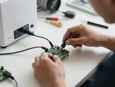 Close-up of a technician's hands connecting a diagnostic cable to a smart appliance control module, diffused natural daylight, clean workspace with tools arranged neatly