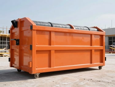 20-yard roll-off dumpster on a construction site, bright midday sun, low-angle, sharp focus, safety orange and charcoal tones, clean and industrial.