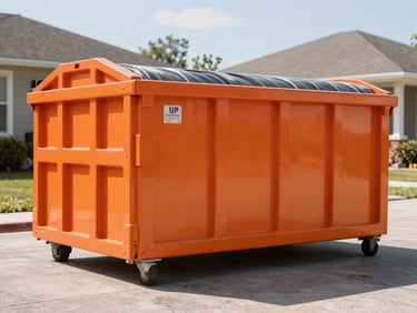 10-yard roll-off dumpster on a residential driveway, bright midday sun, low-angle, sharp focus, safety orange and charcoal tones, clean and industrial.