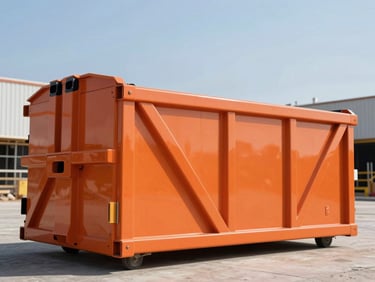 40-yard roll-off dumpster on a large commercial construction site, bright midday sun, low-angle, sharp focus, safety orange and charcoal tones, clean and industrial.