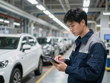 Industrial engineer using a tablet to analyze cycle times on an active automotive assembly line, high-contrast technical lighting, sharp focus, 35mm