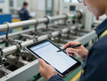 Close-up of industrial engineer using a tablet to analyze physical assembly line movements, high-contrast technical tones, sharp focus