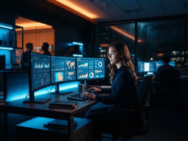 Dramatic low-key corporate photography of a modern workspace with glowing screens showing analytics dashboards, electric blue rim lighting, sharp focus, 35mm lens.