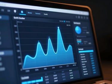 Macro shot of a high-fidelity SaaS dashboard UI on a dark screen, electric blue glowing charts, dramatic low-key studio lighting, sharp focus, 35mm lens.