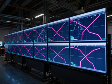 Interior of a modern logistics dispatch center, glowing screens showing digital tracking maps with magenta route lines, dark high-tech atmosphere.