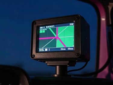 A close-up of a rugged digital tracking terminal inside a truck cabin, displaying green and magenta route coordinates, sharp focus, night time, 35mm