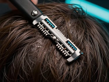Macro close-up of crisp razor lines being detailed on textured hair, dramatic low-key lighting with cool neon backlights.
