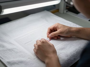 Waist-to-hand shot of a technician's hands guiding embroidery needle through a hotel towel on an inspection table, studio strobe lighting from above showing thread precision and towel weave detail, no face visible, clean workshop context