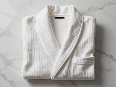Flat-lay overhead shot of a neatly folded bathrobe on a marble surface, diffused north-window light, shawl collar visible with clean seam lines and belt loop detail, warm white cotton waffle or terry weave texture, no props