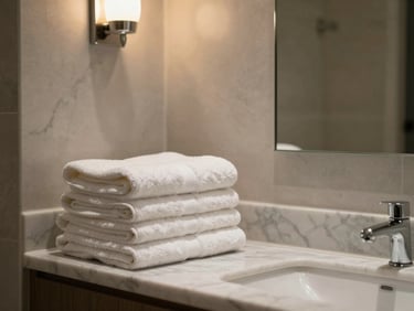 Empty hotel bathroom corner, white cotton towels folded and stacked on a marble ledge, single warm tungsten wall light casting soft shadow, no people, precise towel edges visible