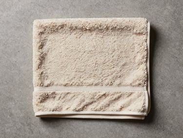 Flat-lay overhead shot of a neatly folded hand towel on a grey concrete surface, diffused studio strobe lighting, visible terry weave texture and clean hemmed edge, warm ivory cotton tones, no props