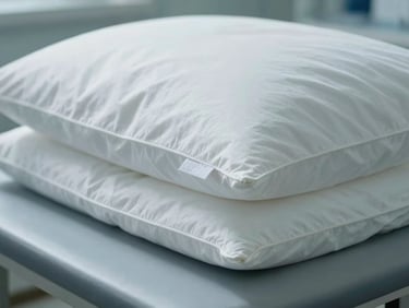 Close-up of stacked white hospital-grade pillows on a clean inspection table under cool diffused daylight, fabric label visible on the corner seam, clinical neutral background