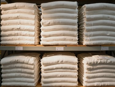 Overhead shot of neatly stacked labeled finished-goods linen inventory on warehouse shelving, warm tungsten light catching the cotton weave on the folded edges, no people, clean industrial context