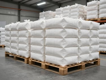 Wide shot of finished goods inventory in a warehouse, rows of labeled white cotton linen packages on pallets under cool industrial lighting, clean concrete floor, no people