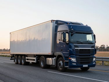 Modern commercial fleet truck on a Mid-Atlantic highway at sunrise, crisp daylight, cool slate and navy tones, sharp focus, 35mm lens.