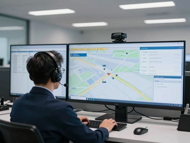 Professional dispatcher at a control screen showing route planning and real-time tracking, clean office environment, cool-toned interior lighting, sharp focus, 35mm lens.