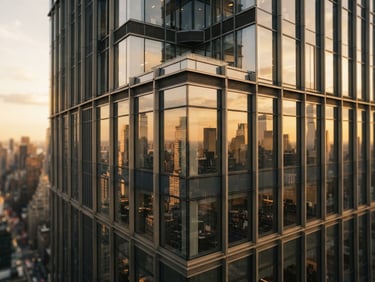 Architectural close-up of a modern glass skyscraper reflecting warm golden-hour sunlight, clean lines, high-end editorial feel.
