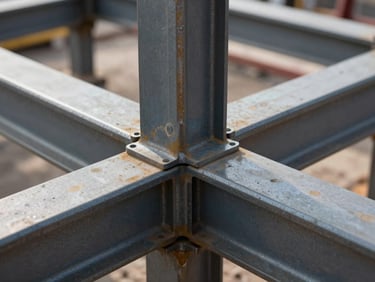 Tight macro shot of structural steel joints on an active industrial construction site.